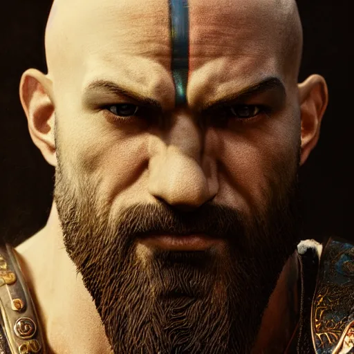 Image similar to portrait of kratos, intricate artwork, concept art, octane render, deviantart, cinematic, key art, hyperrealism, iridescent accents, portrait photograph, nikon 3 5 mm, photograph by greg rutkowski