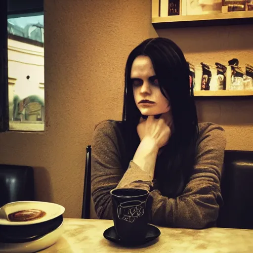 Image similar to death from the'the sandman'waiting for a friend at a cafe, realistic, soft lighting, cute, kindness