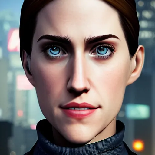 Image similar to a Super realistic version of Allison Williams in the style of Detroit: Become Human, cinematic, three quarter view, symmetrical face, full body, photo realistic, detailed , 8k, wide lens, unreal engine 5, hyper realistic, artgerm, trending on artstation