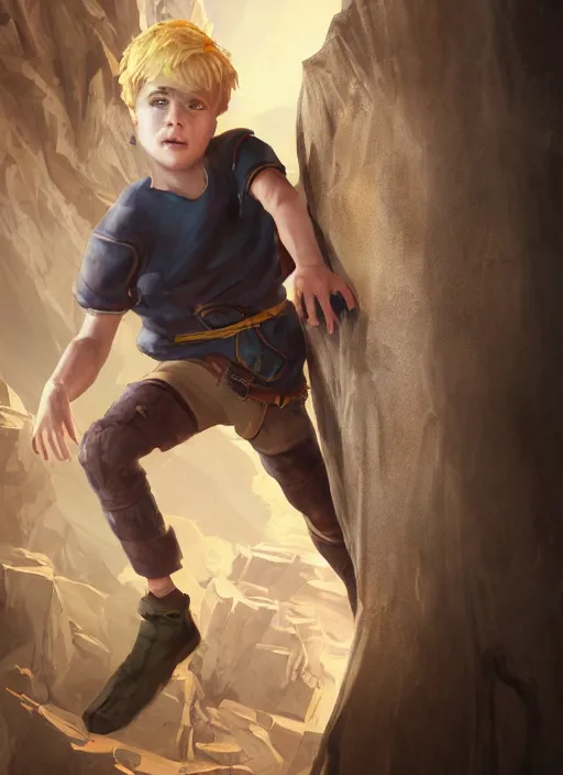 Image similar to An epic fantasy comic book style portrait painting of a young blonde boy thief climbing out of a hole, unreal 5, DAZ, hyperrealistic, octane render, cosplay, RPG portrait, dynamic lighting