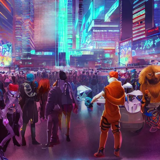 Image similar to high - resolution photograph from a cyberpunk era furry fandom convention ( midwest furfest 2 0 4 7 ), taking place after the genetic revolution and quantum singularity. photorealistic.