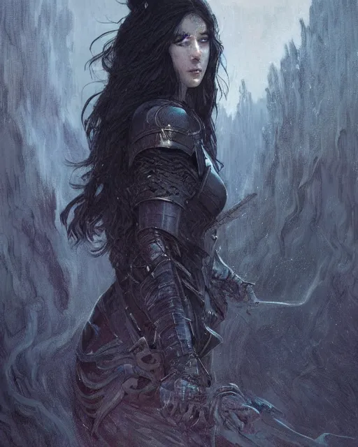 Image similar to a beautiful woman dark hair in an armor with dark eyes, elegant, dark blue, ethereal horror fantasy art by greg rutkowski and magali villeneuve and claude monet detailed