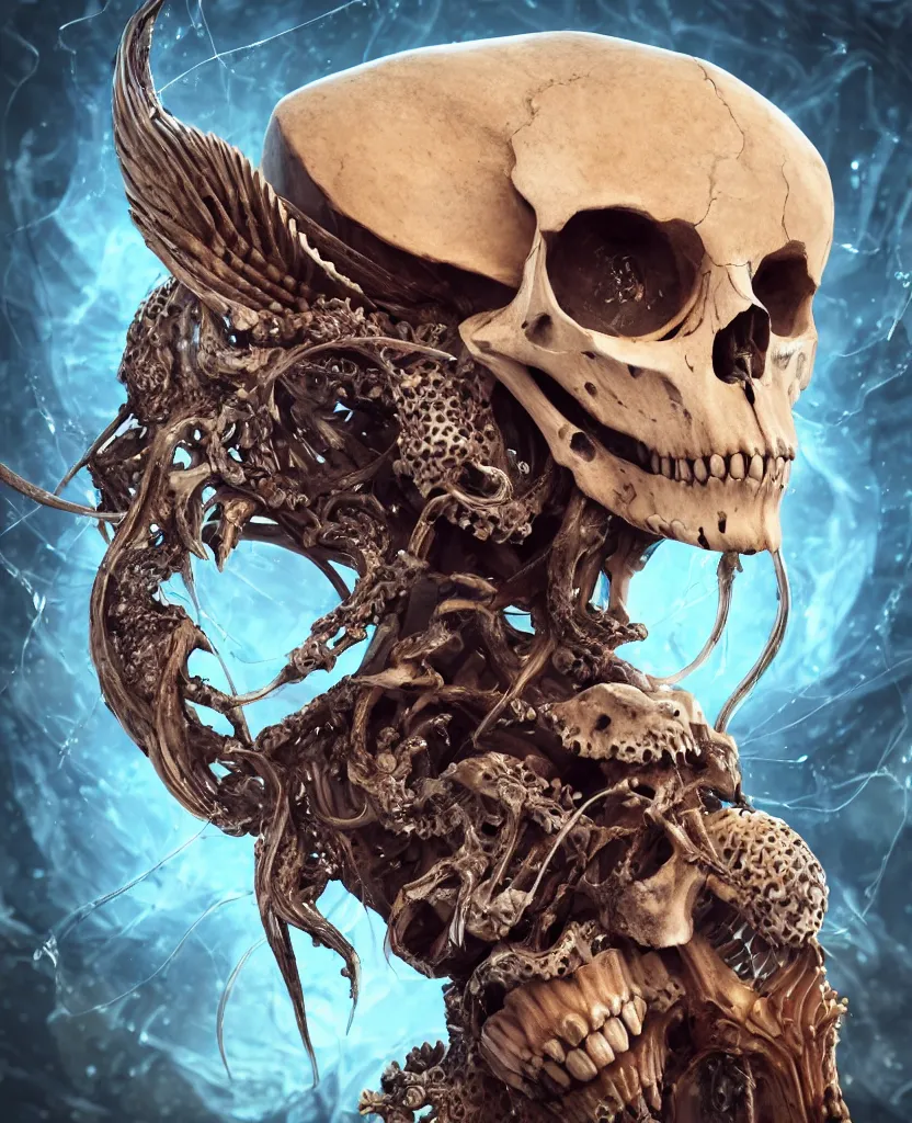 Prompt: close-up macro portrait of the face of a beautiful princess with animal skull mask, epic angle and pose, ribcage bones symmetrical artwork, 3d with depth of field, blurred background, cybernetic jellyfish female face skull phoenix bird, translucent, nautilus, energy flows of water and fire. a highly detailed epic cinematic concept art CG render. made in Maya, Blender and Photoshop, octane render, excellent composition, cinematic dystopian brutalist atmosphere, dynamic dramatic cinematic lighting, aesthetic, very inspirational, arthouse. y Greg Rutkowski, Ilya Kuvshinov, WLOP, Stanley Artgerm Lau, Ruan Jia and Fenghua Zhong