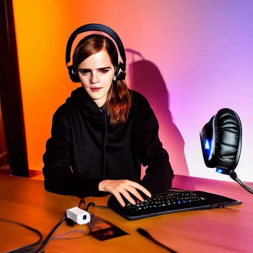 Image similar to model emma watson rgb keyboard wearing a gaming headset wearing hoodie sitting on gaming chair at desk dramatic lighting controller award winning photo