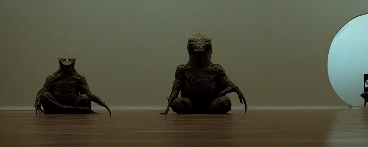 Image similar to a strange creature sits in the living room, film still from the movie directed by Denis Villeneuve with art direction by Zdzisław Beksiński, close up, telephoto lens, shallow depth of field