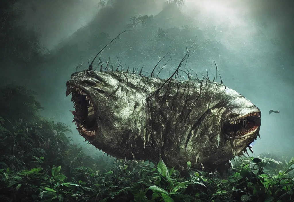 Image similar to an giant angler fish king emerging from the waters, in a jungle, ominous light from above, ambient light, fog, river, very poetic