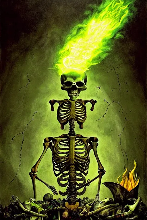 Image similar to hieronymus bosch, greg rutkowski, anna podedworna, painting of a skeleton wizard burning with green fire, green glowing runes, evil glow, light from cracks in ground