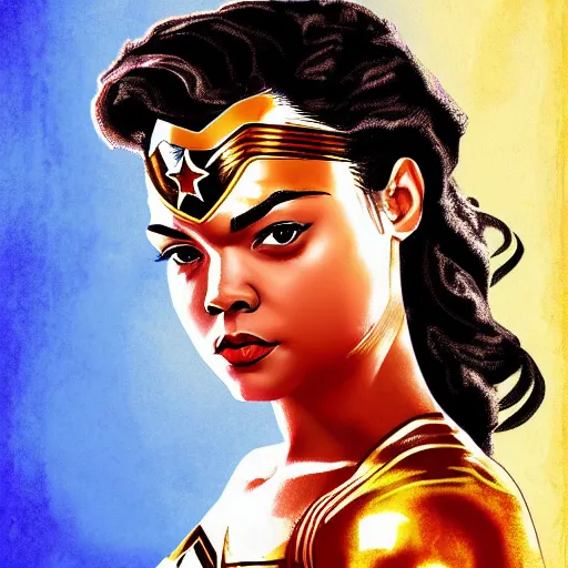 Prompt: portrait of Tessa Thompson as wonderwoman, digital art