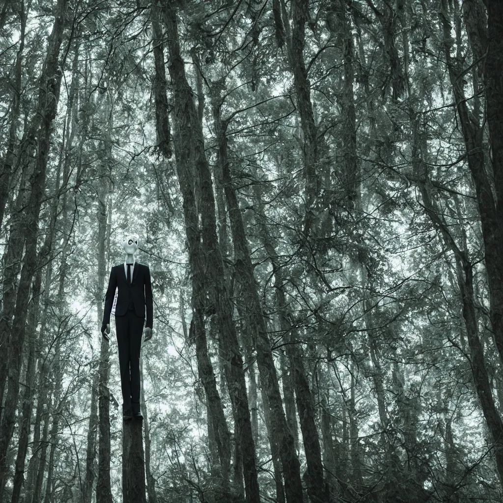 Image similar to cinematic still of slenderman in eerie dark forest, XF IQ4, f/1.4, ISO 200, 1/160s, 8K, RAW, dramatic lighting, symmetrical balance, in-frame