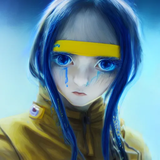 Image similar to a portrait of anime ukrainian blue and yellow girl, crying with eye drops, concept art, trending on artstation, highly detailed, intricate, sharp focus, digital art, 8 k