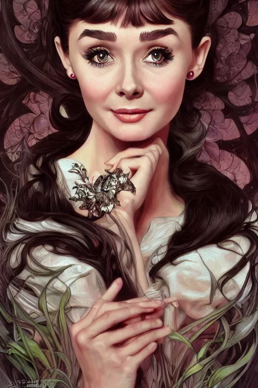 Prompt: audrey hepburn, cute, fantasy, intricate, elegant, highly detailed, digital painting, 4k, HDR, concept art, smooth, sharp focus, illustration, art by artgerm and H R Giger and alphonse mucha