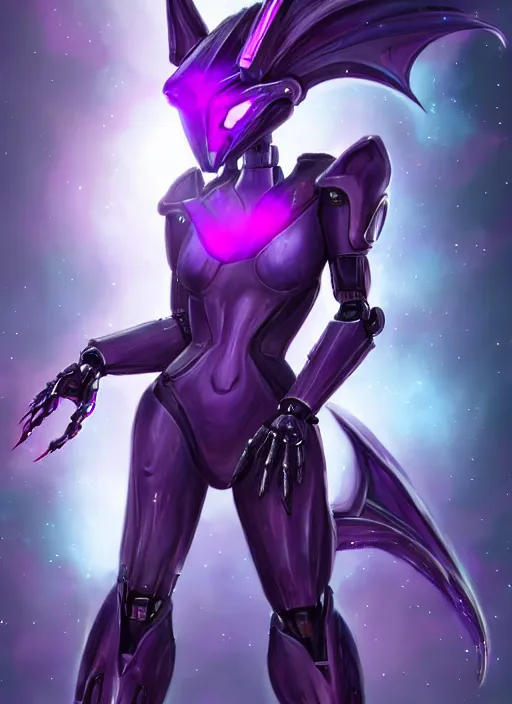 Image similar to cinematic goddess body shot, galactic sized beautiful stunning hot anthropomorphic robot mecha female dragon, sleek dragon head, metal ears, led purple eyes, smooth fuschia skin, nebula size, smooth silver armor, in space, epic proportions, macro, epic size, epic scale, furry art, dragon art, giantess art, warframe fanart, furaffinity, octane