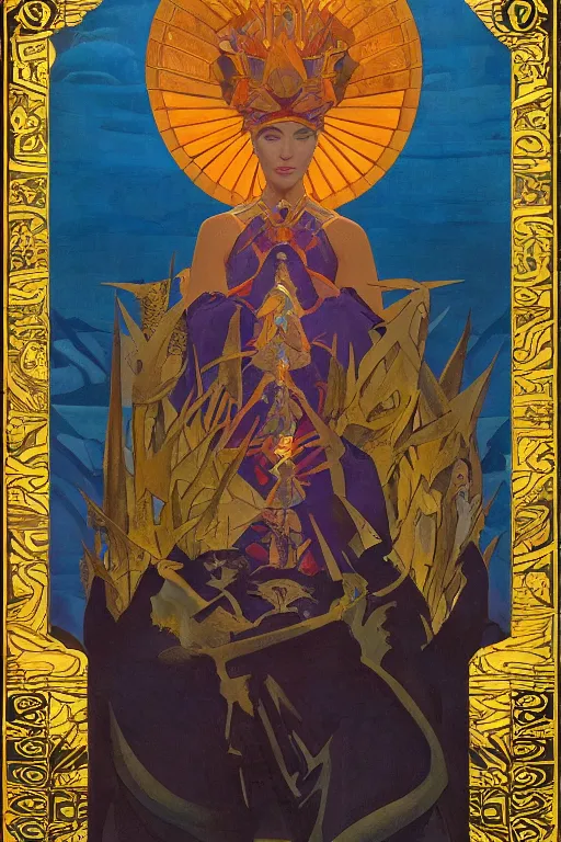 Prompt: queen of the north, by Nicholas Roerich and Annie Swynnerton and Diego Rivera and John William Godward, dramatic cinematic lighting , ornate headdress , flowing robes, sacred artifacts, lost civilizations, smooth, sharp focus, extremely detailed