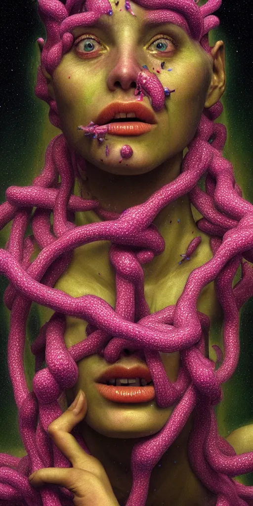 Image similar to hyper detailed 3d render like a Oil painting - portrait sculpt of Aurora (Singer) seen Eating of the Strangling network of yellowcake aerochrome and milky Fruit that covers her body and Her delicate Hands hold of gossamer polyp blossoms bring iridescent fungal flowers whose spores black the foolish stars by Jacek Yerka, Mariusz Lewandowski, Houdini algorithmic generative render, Abstract brush strokes, Masterpiece, Edward Hopper and James Gilleard, Zdzislaw Beksinski, Mark Ryden, Wolfgang Lettl, hints of Yayoi Kasuma, octane render, 8k