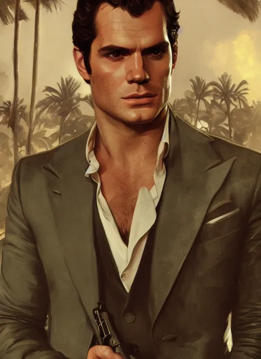 Image similar to portrait of henry cavill as james bond, key art, palm trees, vintage aston martin, highly detailed, digital painting, artstation, concept art, cinematic lighting, sharp focus, illustration, by gaston bussiere alphonse mucha