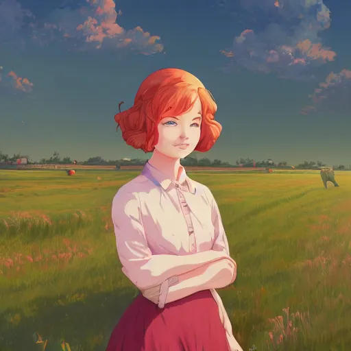 Image similar to portrait of anne shirley-cuthbert, farm field background, rich vivid colors, ambient lighting, dynamic lighting, 4k, HQ, official media, anime key visual, makoto shinkai, ilya kuvshinov, lois van baarle, rossdraws, detailed, trending on artstation