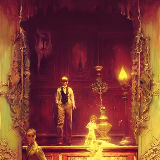 Prompt: inside the haunted mansion. highly detailed painting by gaston bussiere, craig mullins, j. c. leyendecker 8 k