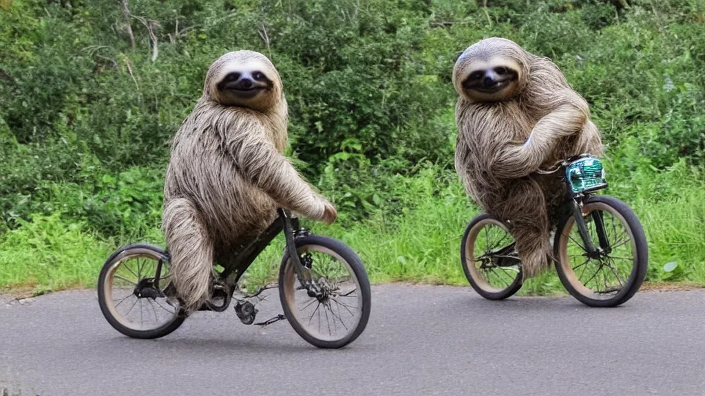Prompt: a sloth riding his bicycle down the hill