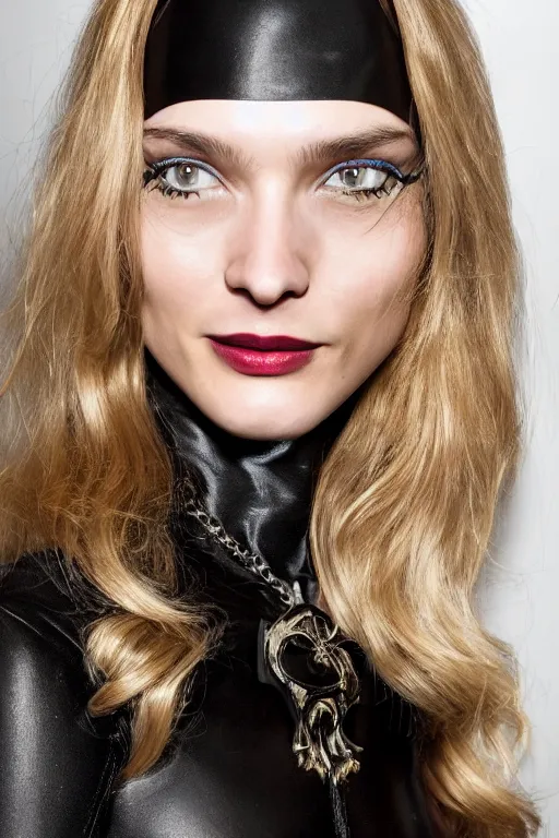 Image similar to A beautiful portrait of Daria Strokous smiling as Catwoman from Batman movie 2022, a Balmain fashion model Spring/Summer 2010, highly detailed, in the style of cinematic, Getty images, Milan fashion week backstage, Extreme close up, Makeup by Pat McGrath, Hair by Guido Palau, Greg rutkowski