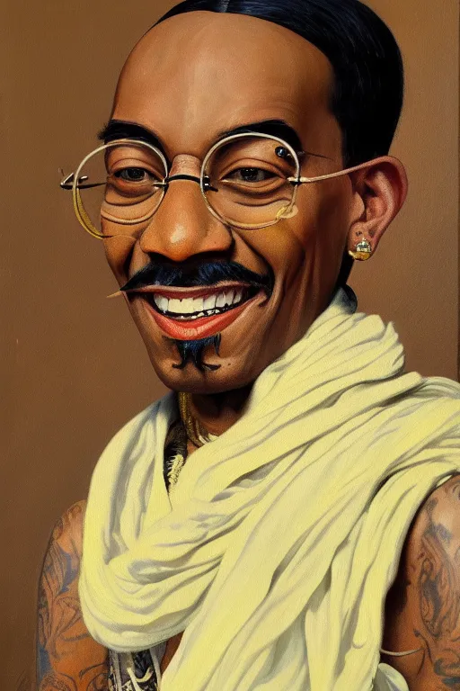 Image similar to full body portrait of wiz khalifa as mahatma gandhi, oil on canvas by william sidney mount, hindu art, great soul, black and yellow, trending on artstation