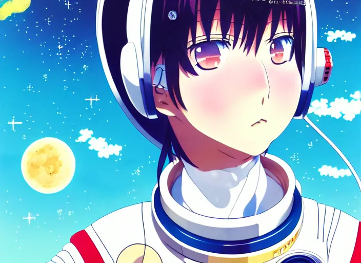 Prompt: anime portrait of a young astronaut girl, Karolis Strautniekas,omoide emanon, tsuruta kenji, murata range, vibrant, kyoto animation, manga, editorial illustration, matte print, flat
