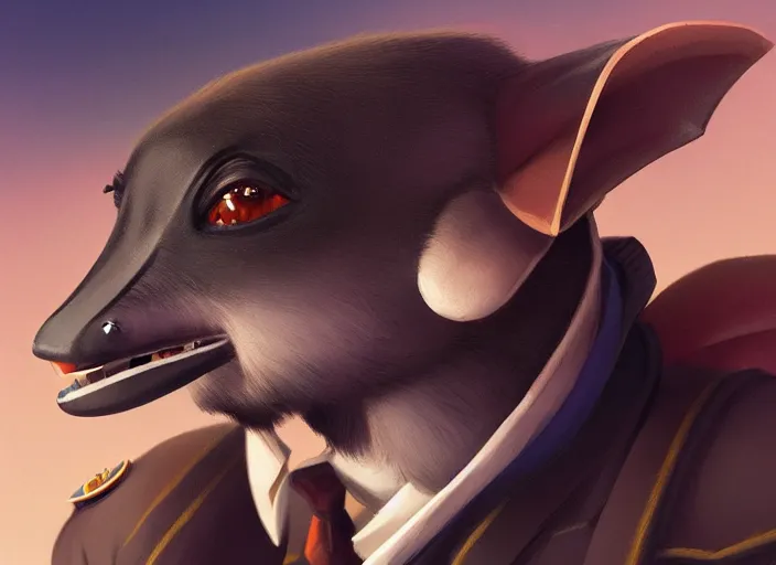Prompt: character portrait feature of the anthro male anthropomorphic rodrigues fruit bat fursona wearing airline pilot outfit uniform professional pilot character design stylized by charlie bowater, ross tran, artgerm, and makoto shinkai, detailed, soft lighting, rendered in octane