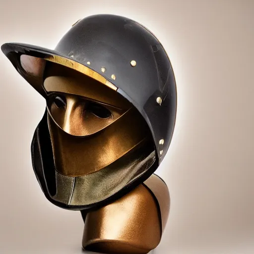 Prompt: high fashion helmet worn by a slender female model