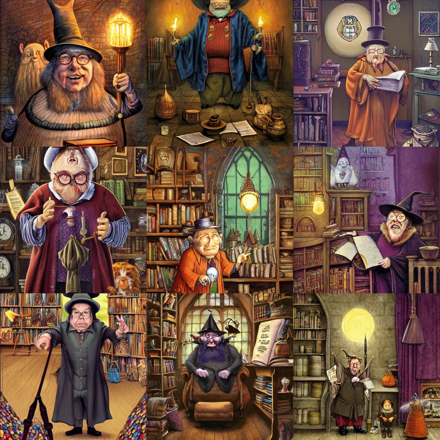 Prompt: Nanny Ogg as a jovial professor in Hogwarts School of Witchcraft and Wizardry, detailed, hyperrealistic, colorful, cinematic lighting, digital art by Paul Kidby and Jim Kay