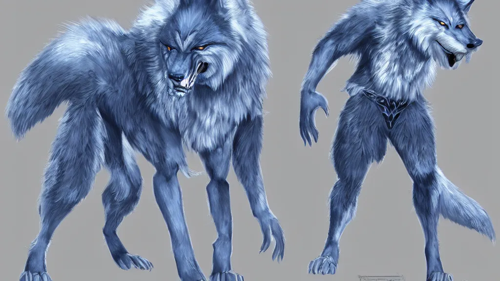 Prompt: a fantasy giant blue wolf with white tribal paint character design sheet, trending on artstation