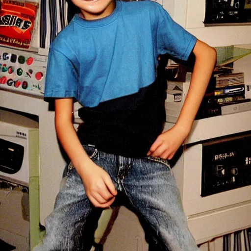 Prompt: 2 0 0 1, edgy 1 2 year old boy, frosted tips, y 2 k fashion, baggy jeans, og xbox on shelf, thumbs up