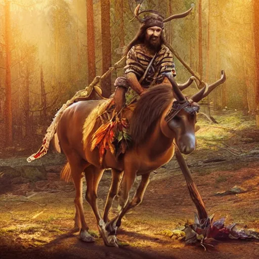 Image similar to hippie tribal hobo wearing twigs and leaves smiling sheepishly, riding tiny scuffy donkey with novelty oversized antlers, autumn forest, highly detailed, dramatic lighting, night time, cinematic, hyperrealistic, detailed, movie still from game of thrones