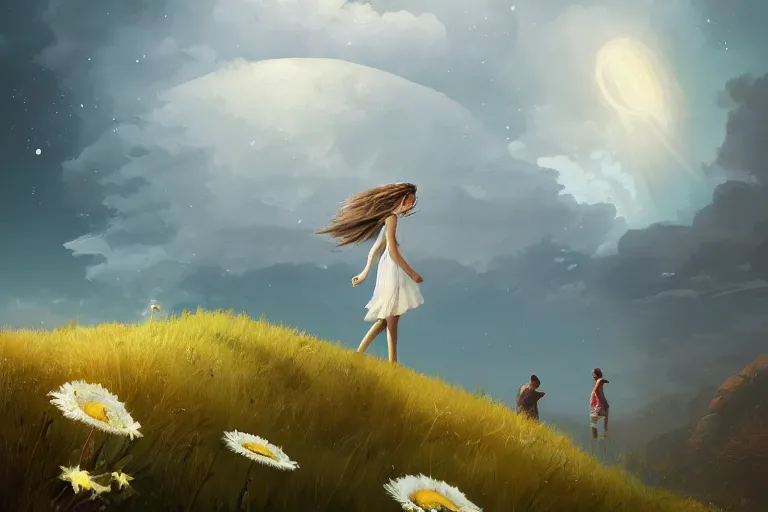 Image similar to giant white daisy flower under head, girl walking on cliff, surreal photography, solar eclipse, milky way, dramatic light, impressionist painting, clouds, digital painting, artstation, james gilleard, liam wong, jeremy mann, simon stalenhag