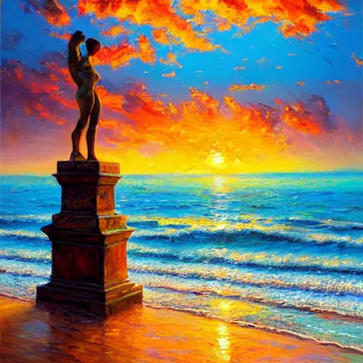 Image similar to acrylic painting, impressionism and expressionism, strong emotional impact, bold pastel colors, expressive brushstrokes. by peter mohrbach and mark keathley. fantasy illustration of the shore of the island of monuments and statues. spectacular sunset. beautiful and vivid trending on artstation hq 8 k contest winner # wow