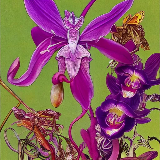 Image similar to majestic colorful orchid mantis by leon bakst and yoshitaka amano, beautiful hyperdetailed art nouveau orchids, james jean, carlos schwabe, amanda sage