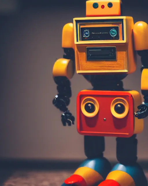 Prompt: high quality presentation photo of a retro toy robot, photography 4k, f1.8 anamorphic, bokeh, 4k, Canon, Nikon