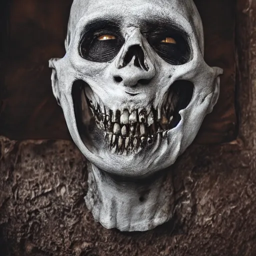 Image similar to photography, horror, a rotting undead corpse wears a wax face mask to conceal the skeletal face beneath, disturbing, dusk, medieval tavern