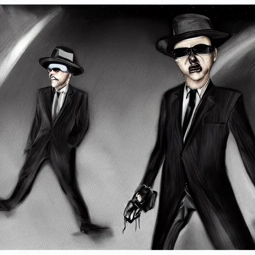 Prompt: 2 billionaire Mafia bears coming to collect their debt, wearing black suits and laser eyes, film noir, trending on art station, 8k, dramatic, highly detailed
