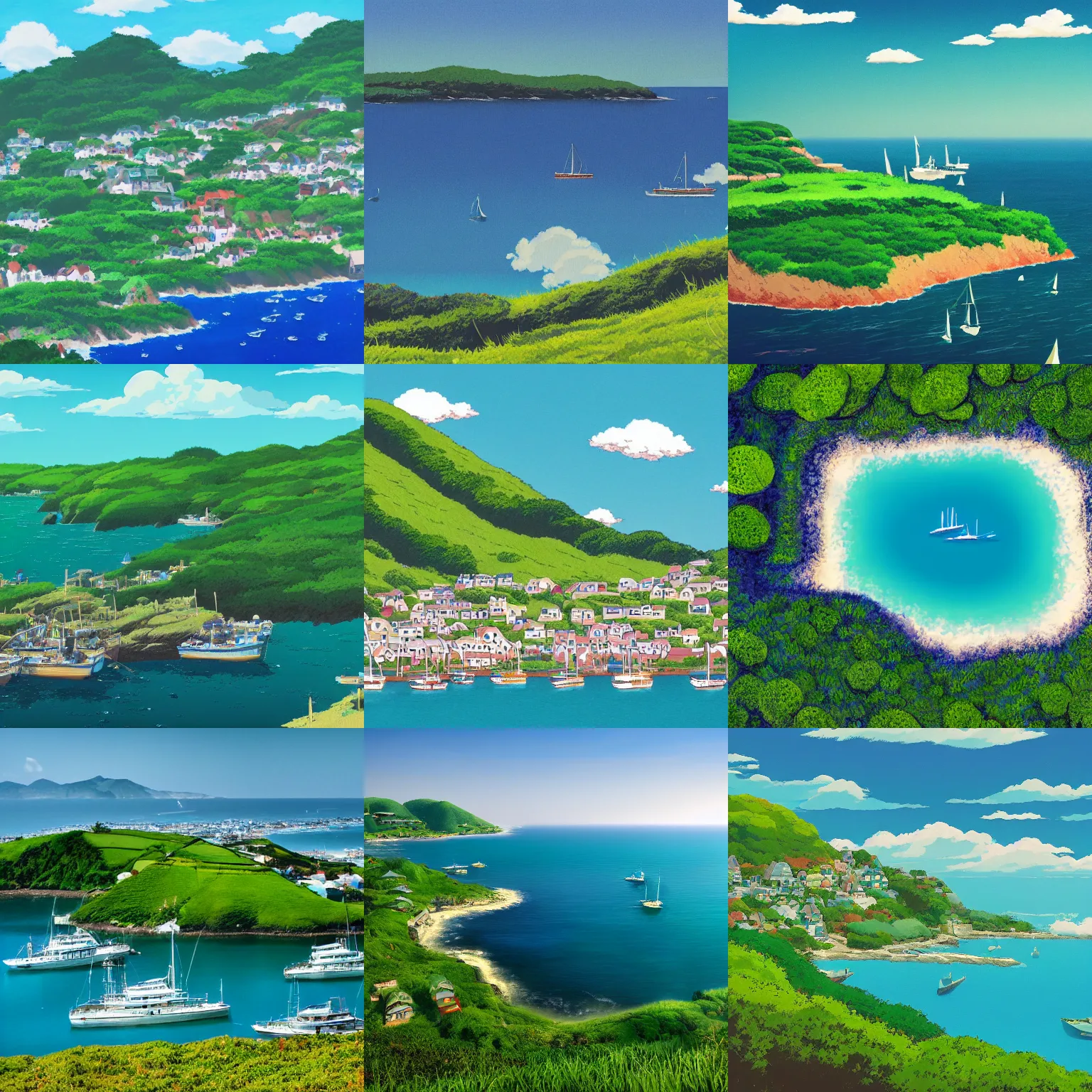 Prompt: studio ghibli, landscape, green hills, blue sky, harbor town, 2 0 % ocean, boats, 4 k by gregg rutkowski