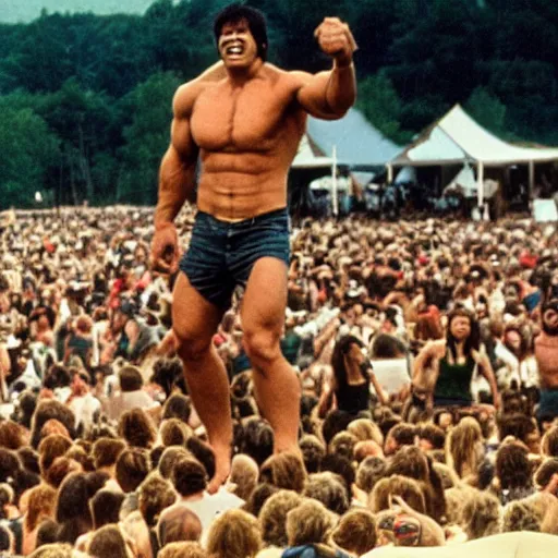 Image similar to hulk performing at woodstock, crowd of people