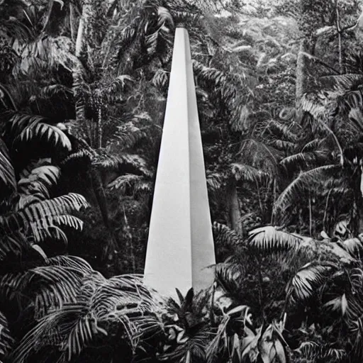 Prompt: lost film footage of a sacred modernist totem in the middle of the tropical jungle / film still / cinematic / enhanced / 1 9 2 0 s / black and white / grain