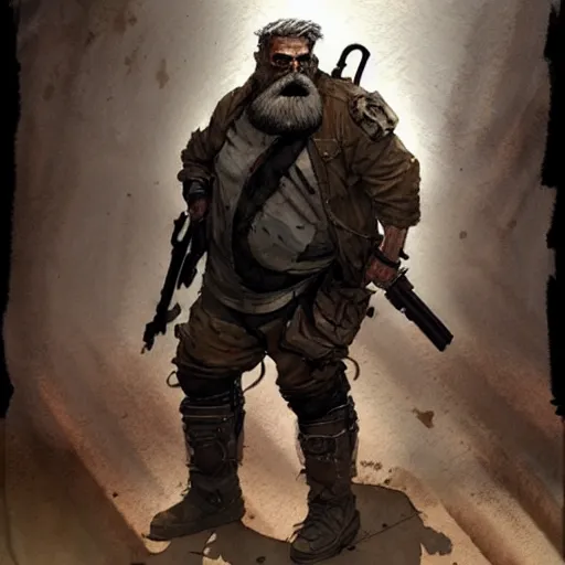 Image similar to post apocalyptic wasteland explorer, dark science fiction, bulky dude, male, old man, tan skin, huge beard, style craig mullins, watercolor