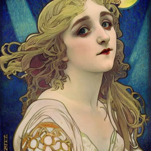 Image similar to evanna lynch portrait by louis - theophile hingre and alphonse mucha, realistic, sharp focus, zodiac signs, tarot cards, planets, ethereal, art nouveau, magic, moon, sun, crown, dreamy, royal, jewellery