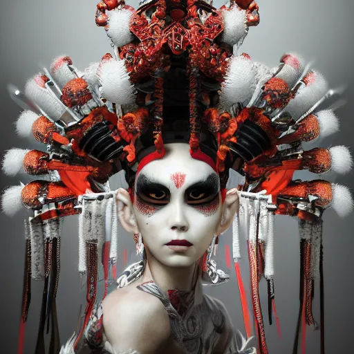 Image similar to japanese cyborg geishas in a ceremony with extremely detailed headdress, inspired by die antwoord beautiful, hand painted textures, cloth physics, deviantart, karol bak, masamune shirow, black and white, beautiful kawaii lighting, photorealistic, concept art, perfect render, 3 d render, pixar, 8 k