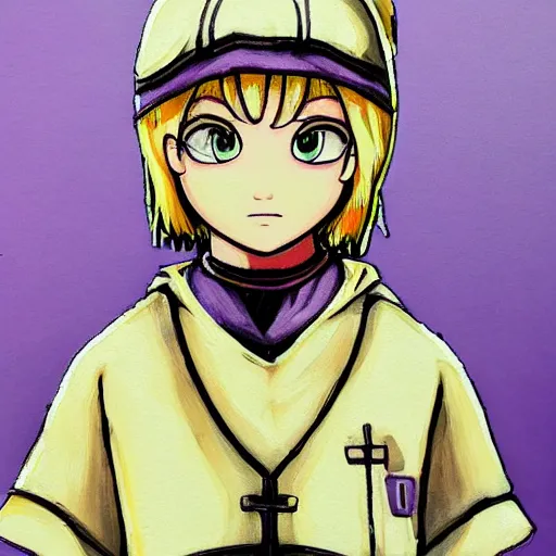 Image similar to little boy wearing nun outfit, blonde hair. purple and yellow color palate, detailed soft painting, made in abyss art style, anatomically correct