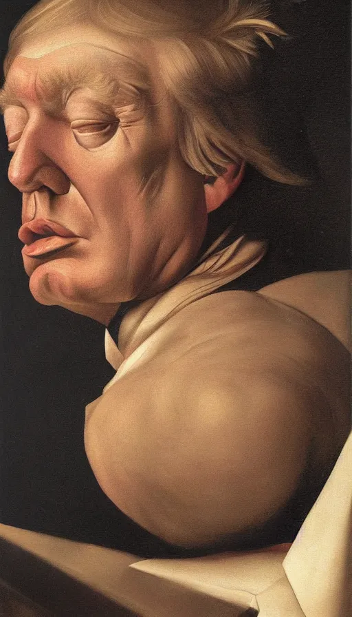 Image similar to hyperrealistic still life painting of Donald Trump, by Caravaggio, botanical print