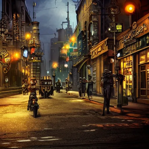 Prompt: dieselpunk city street in the evening