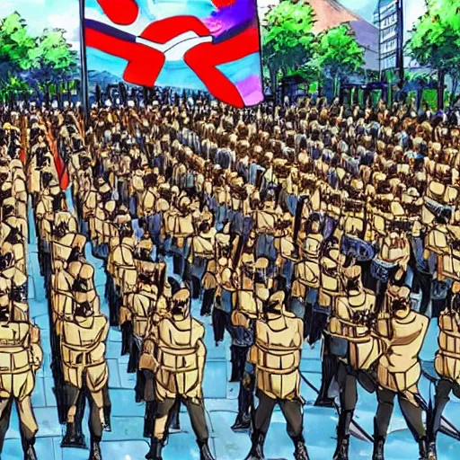 Image similar to anime art, army march in infinitia square in front of infinian de gowyernmentıa in government center during mother's day