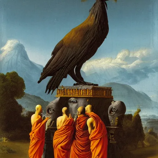 Image similar to hindu monks worshipping giant crow on greek senete baroque painting, lionardo davinchi