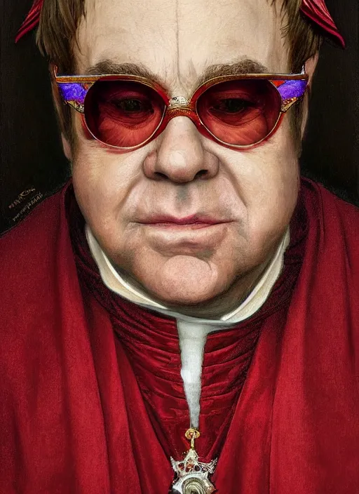 Prompt: Elton John as the pope, headshot, painted renaissance character portrait, highly detailed, painting, artstation, sharp focus, art by artgerm and greg rutkowski and alphonse mucha and magali villeneuve