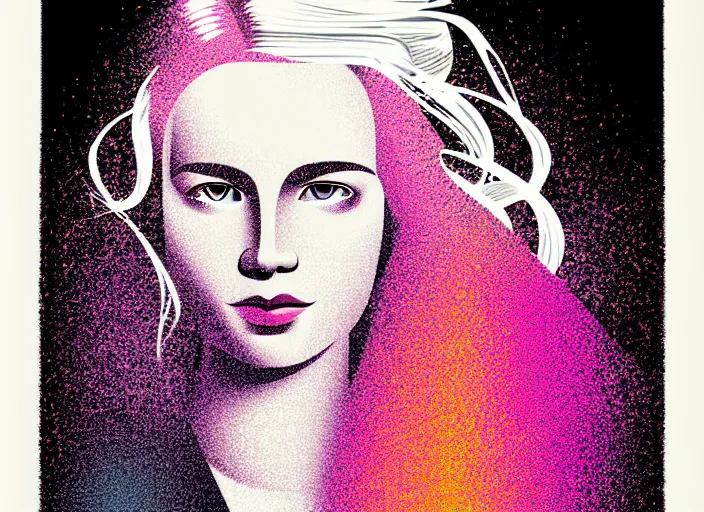 Image similar to editorial illustration by Mads Berg andKarolis Strautniekas ,portrait of a young girl flowing white hair, colorful,modern art deco,, stippled light, fine texture, editorial illustration, dramatic lighting, dynamic composition, detailed, matte print, dynamic perspective, cinematic, film noir